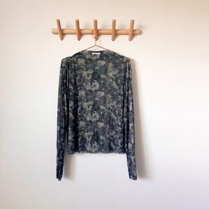 & Other Stories Olive Green and Black Sheer Floral Long Sleeve Top